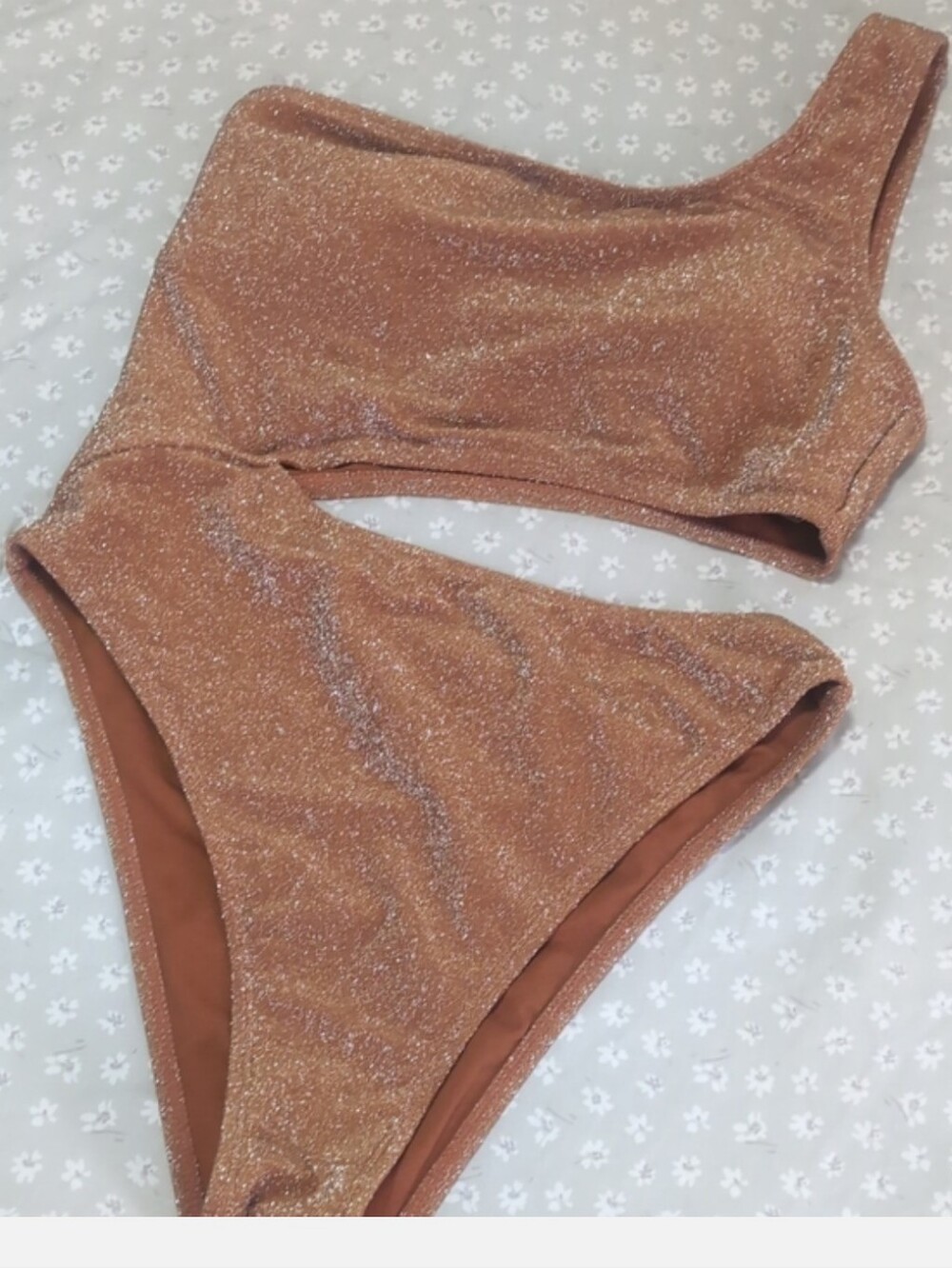 Glitter Gold-Rust Cut Out One-Shoulder Swimsuit-Nwot-Lg
